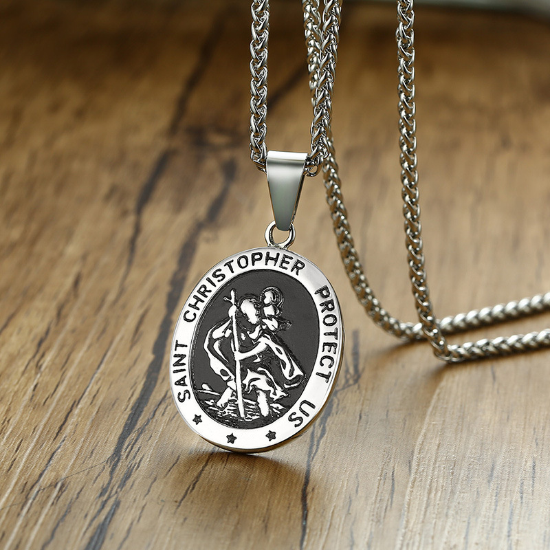 Mens St Saint Christopher Medal Pendant Necklace Stainless Steel Amulet ...