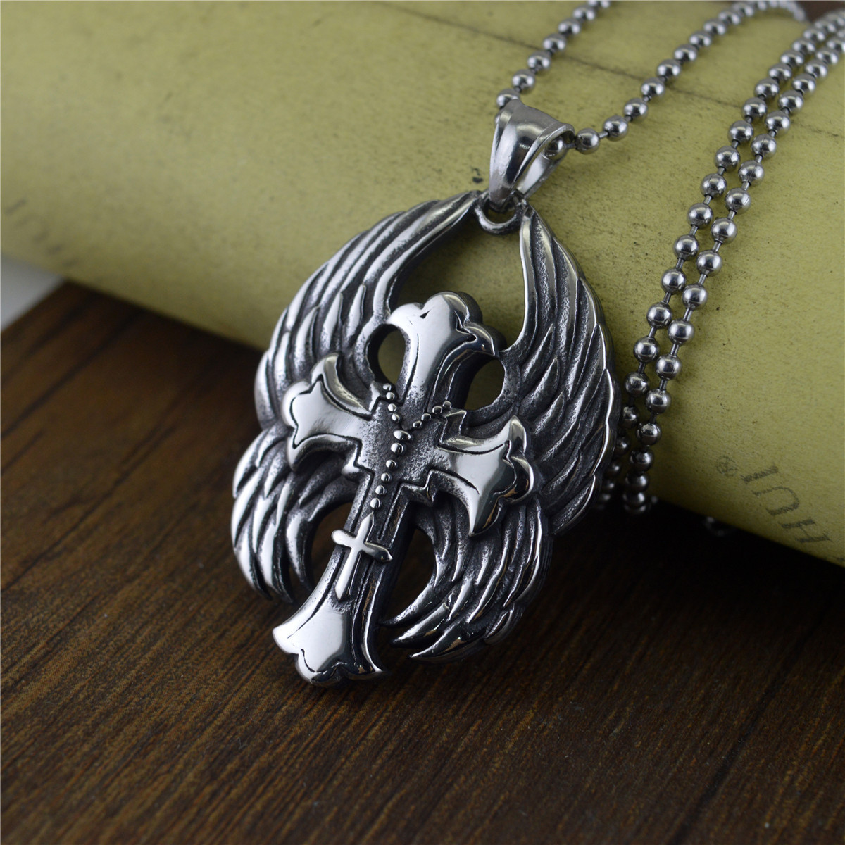 Stainless Steel Cross With Angel Wings Necklace Meaning White