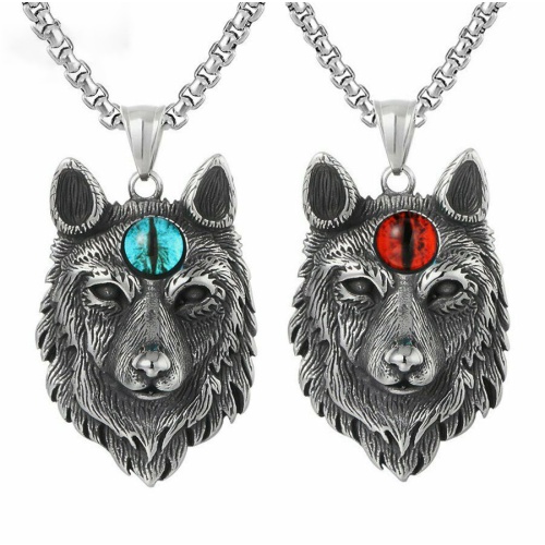 pickyegg.com Mens Spiritual Evil Eye Wolf Head Pendant Necklace Stainless Steel Chain
