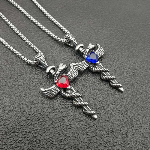 pickyegg.com Mens Stainless Steel Angel Wings Faux Sapphire CZ Cross Pendant Necklace