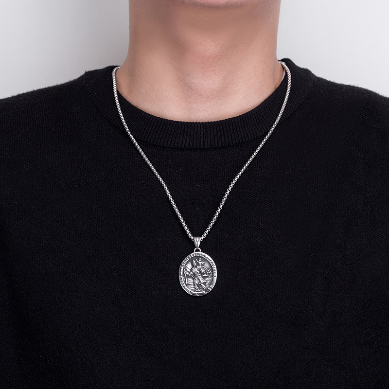 Mens St Saint Christopher Medal Pendant Necklace Stainless Steel Amulet ...